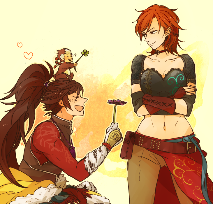 :d, animal_on_head, brown_hair, brown_pants, closed_eyes, crop_top, crossed_arms, detached_sleeves, flower, hiura_(nanasupa2000), holding, holding_flower, kneeling, long_hair, looking_at_another, maeda_keiji_(sengoku_basara), medium_hair, monkey, navel, on_head, orange_hair, pants, saika_magoichi_(sengoku_basara), sengoku_basara, smile, smirk, yumekichi