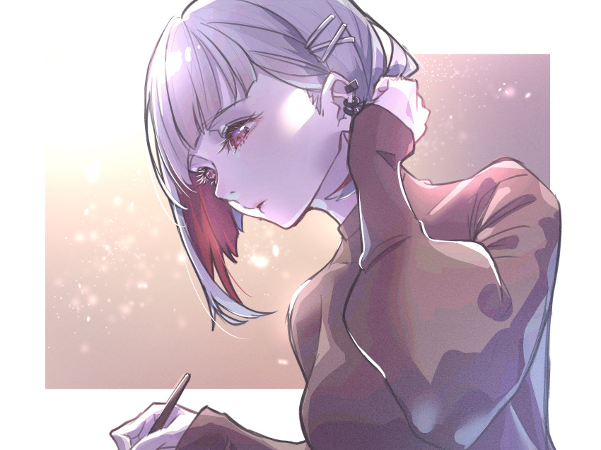 1girl, absurdres, asymmetrical_hair, bob_cut, border, breasts, brown_background, brown_sweater