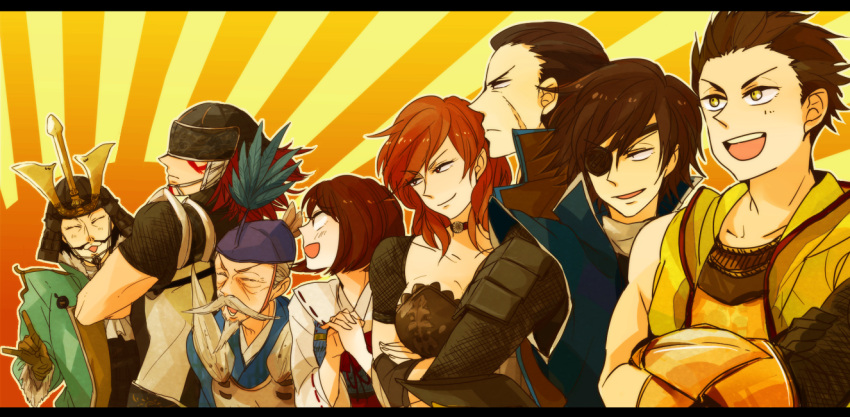 2girls, 6+boys, :d, armor, brown_hair, crossed_arms, date_masamune_(sengoku_basara), eyepatch