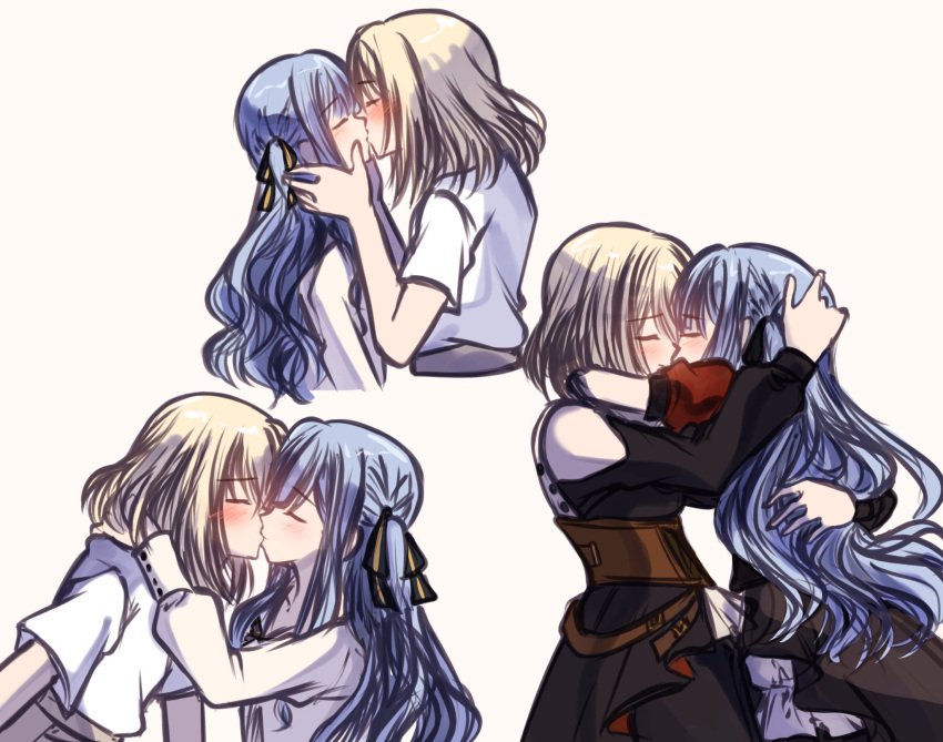 2girls, bang_dream!, bang_dream!_it's_mygo!!!!!, black_dress, black_skirt, blonde_hair, blue_hair, blush, brown_corset, closed_eyes, clothing_cutout, commentary, corset, couple, dress, english_commentary, hand_on_another's_head, highres, hug, kiss, long_hair, long_sleeves, medium_hair, misumi_uika, multiple_girls, multiple_views, puffy_short_sleeves, puffy_sleeves, red_shirt, seine_(hanamukes), shirt, short_sleeves, shoulder_cutout, skirt, togawa_sakiko, white_shirt, yuri