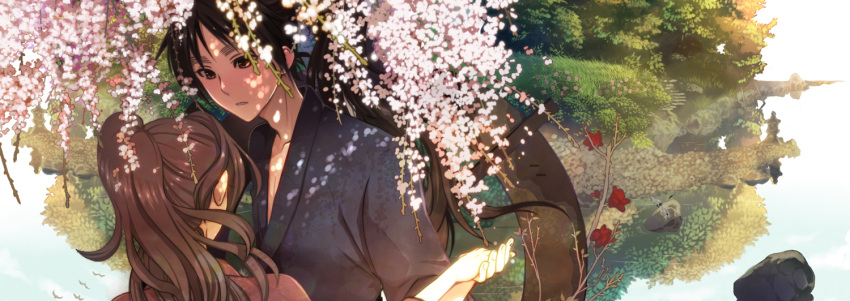 ayabe_kihachirou, blush, brown_hair, character_request, cherry_blossoms, eyebrows, flower, from_behind