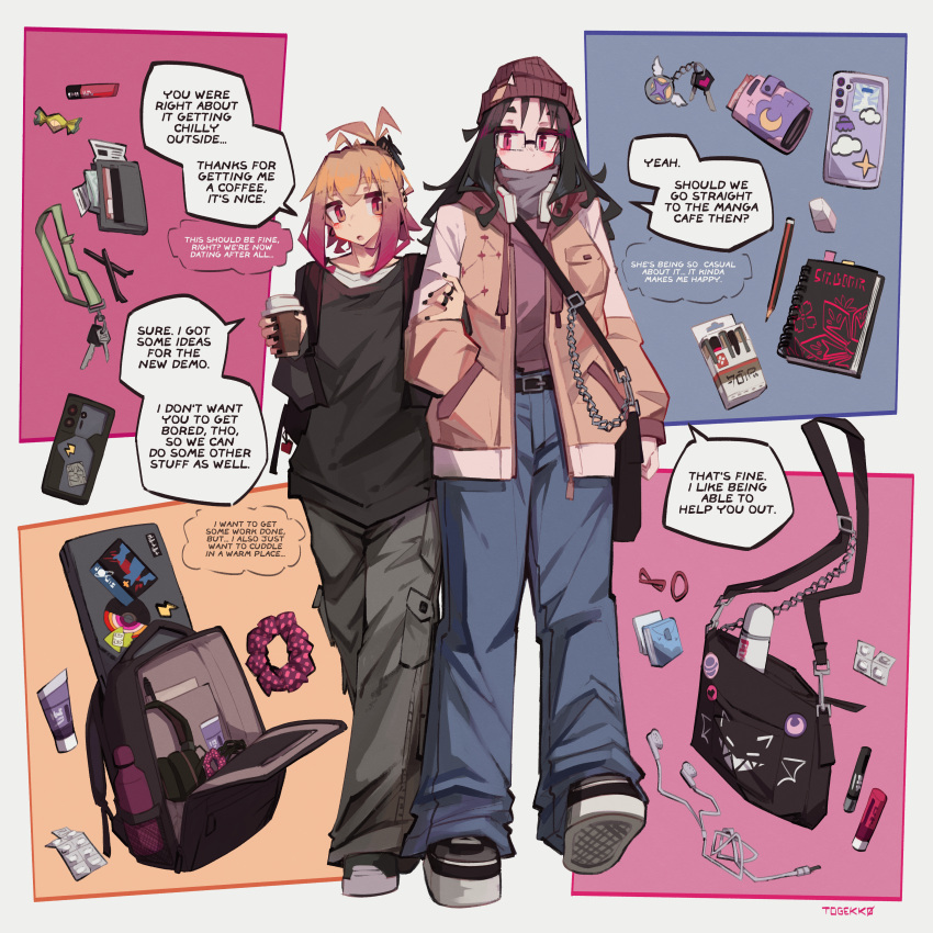2girls, absurdres, backpack, bag, beanie, belt, belt_buckle, black_bag