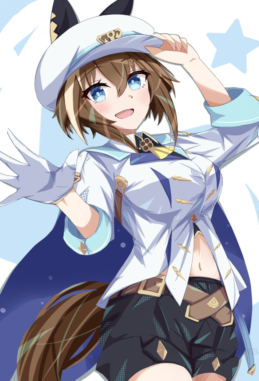 1girl, :d, animal_ears, ascot, belt, black_shorts, blue_eyes, breasts, brown_belt, brown_hair, cheval_grand_(umamusume), commentary_request, ear_covers, empty_gerbera, hair_between_eyes, hat, hat_belt, highres, horse_ears, horse_girl, horse_tail, jacket, large_breasts, looking_at_viewer, multicolored_hair, navel, peaked_cap, short_hair, shorts, smile, solo, streaked_hair, tail, umamusume, white_hair, white_hat, white_jacket, yellow_ascot