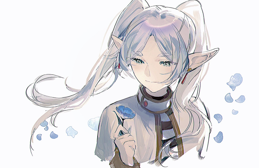 1girl, aqua_eyes, earrings, elf, falling_petals, floating_hair, flower, frieren, highres, holding, holding_flower, jewelry, lucis0407, petals, pointy_ears, sketch, solo, sousou_no_frieren, twintails, white_background, white_hair