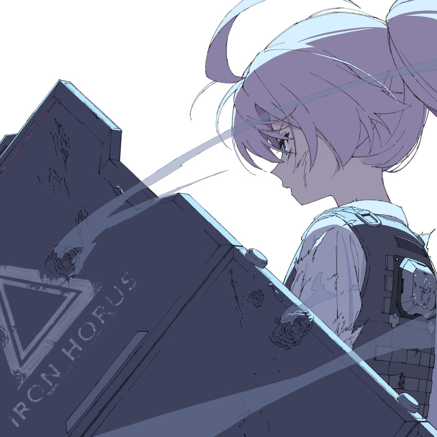 1girl, ahoge, black_vest, blue_archive, blue_eyes, boko_(maniacpurple), bullet_hole, from_side