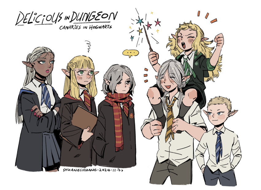 ..., 2boys, 4girls, bags_under_eyes, black_eyes, black_robe, blonde_hair, blue_eyes, blue_necktie, blush, carrying, casting_spell, cithis, closed_eyes, cowboy_shot, crossed_arms, dark-skinned_female, dark_elf, dark_skin, dated, diagonal-striped_clothes, diagonal-striped_necktie, dungeon_meshi, elf, english_text, facial_mark, fleki, forehead_mark, green_eyes, green_necktie, grey_hair, gryffindor, hair_over_one_eye, hands_in_pockets, harry_potter_(series), highres, hogwarts_school_uniform, holding, holding_wand, hooded_robe, hufflepuff, long_hair, long_sleeves, looking_at_viewer, low_twintails, lycion, mithrun, multiple_boys, multiple_girls, necktie, notched_ear, open_clothes, open_mouth, open_robe, otta_(dungeon_meshi), parody, pattadol, pointy_ears, ravenclaw, red_necktie, robe, scarf, school_uniform, shirt, short_hair, shoulder_carry, shuangshuanghao, simple_background, skirt, slytherin, smile, spoken_ellipsis, striped_clothes, striped_necktie, striped_scarf, sweatdrop, twintails, upper_body, very_short_hair, wand, white_background, white_shirt, wizarding_world, yellow_necktie