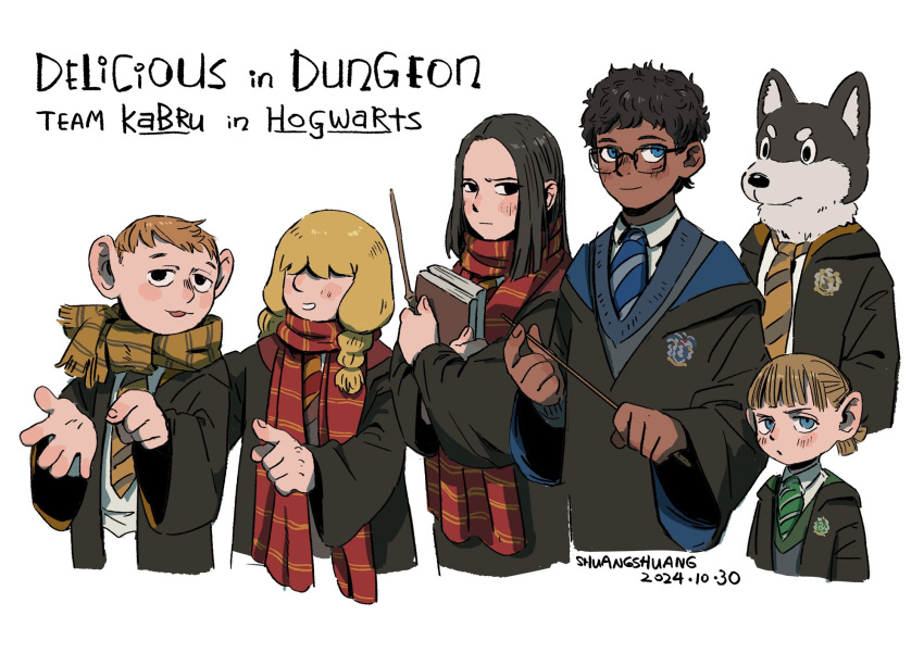 2girls, 4boys, black_hair, black_robe, blonde_hair, blue_eyes, blue_necktie, blush