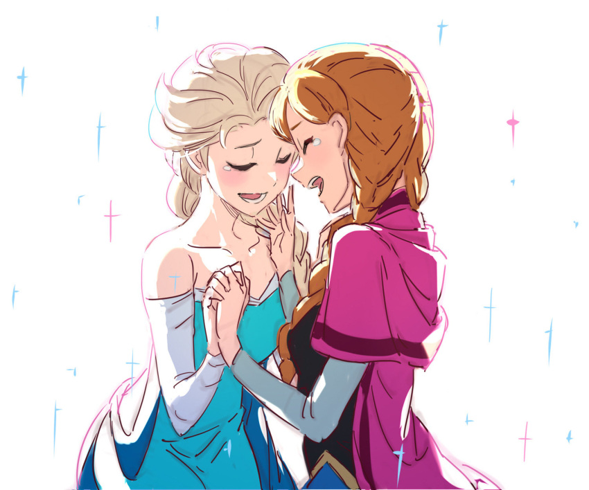 2girls, anna_(frozen), bare_shoulders, blonde_hair, blue_dress, blush, braid, breasts