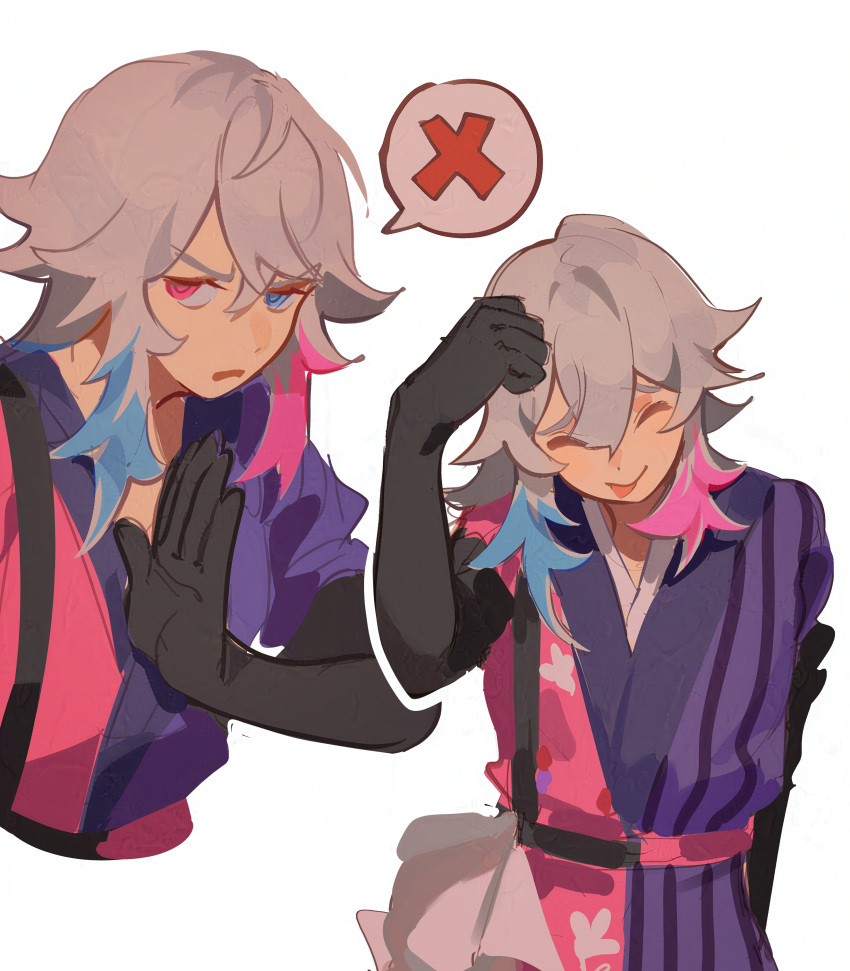 1boy, absurdres, bishounen, black_gloves, blue_eyes, blue_hair, closed_eyes, coat, english_commentary, gavis_bettel, gavis_bettel_(1st_costume), gloves, grey_hair, hair_between_eyes, heterochromia, highres, holostars, holostars_english, looking_at_viewer, male_focus, mararu, medium_hair, multicolored_coat, multicolored_hair, open_mouth, pink_eyes, pink_hair, sketch, smile, spoken_x, striped_coat, tongue, tongue_out, upper_body, vertical-striped_coat, virtual_youtuber, white_background