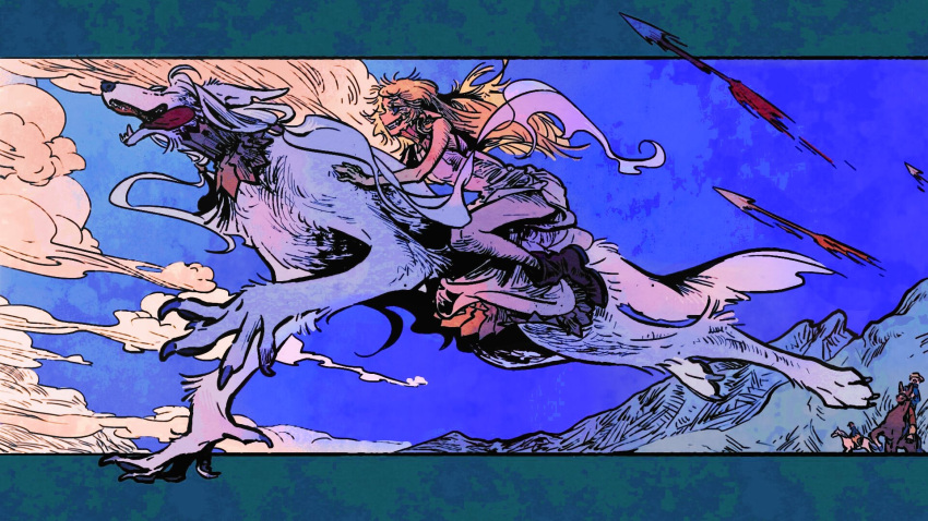 1boy, 1girl, 2others, arrow_(projectile), blonde_hair, blue_sky, clouds, dungeon_meshi, elf, fleeing, fleki, gorget, grey_hair, highres, horse, horseback_riding, long_hair, lycion, multiple_others, panbutheowl, pointy_ears, riding, running, sky, sleeveless, smile, tongue, tongue_out, tunic, violet_eyes, werewolf