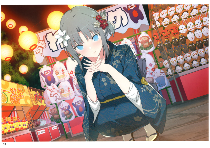 1girl, absurdres, bag, bagged_fish, bebe-tan, blue_eyes, blue_kimono, blush