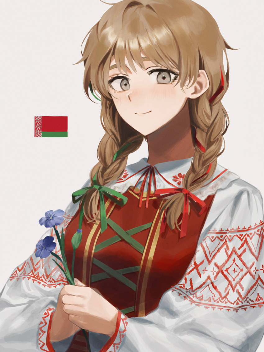 1girl, belarus_(saboten92), belarusian_clothes, belarusian_flag, braid, brown_hair, closed_mouth, dress