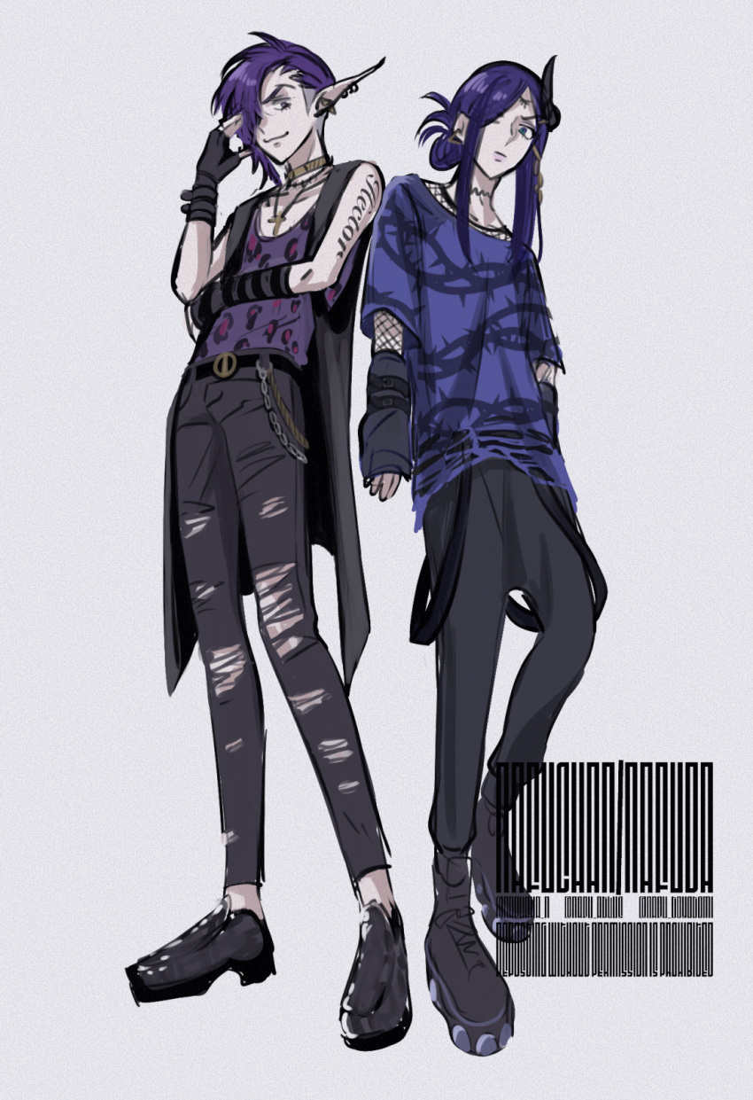 2boys, alternate_costume, alternate_hairstyle, arm_warmers, black_gloves, black_pants, commentary_request, denim