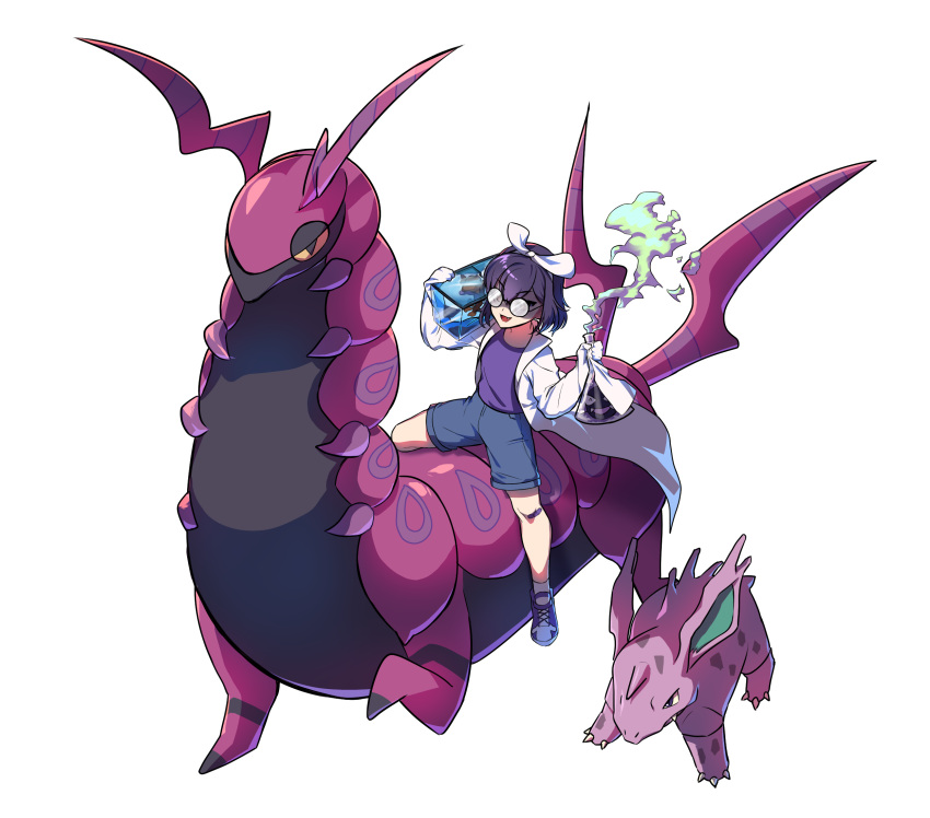 1girl, artist_self-insert, black_shorts, coat, duokhay, duokhay_(person), gastly, highres, holding_vial, lab_coat, long_coat, nidorino, open_clothes, open_coat, pokemon, pokemon_(creature), purple_hair, purple_shirt, riding, riding_pokemon, round_eyewear, scolipede, shirt, shoes, short_hair, shorts, simple_background, sitting, sneakers, transparent_background, white_coat