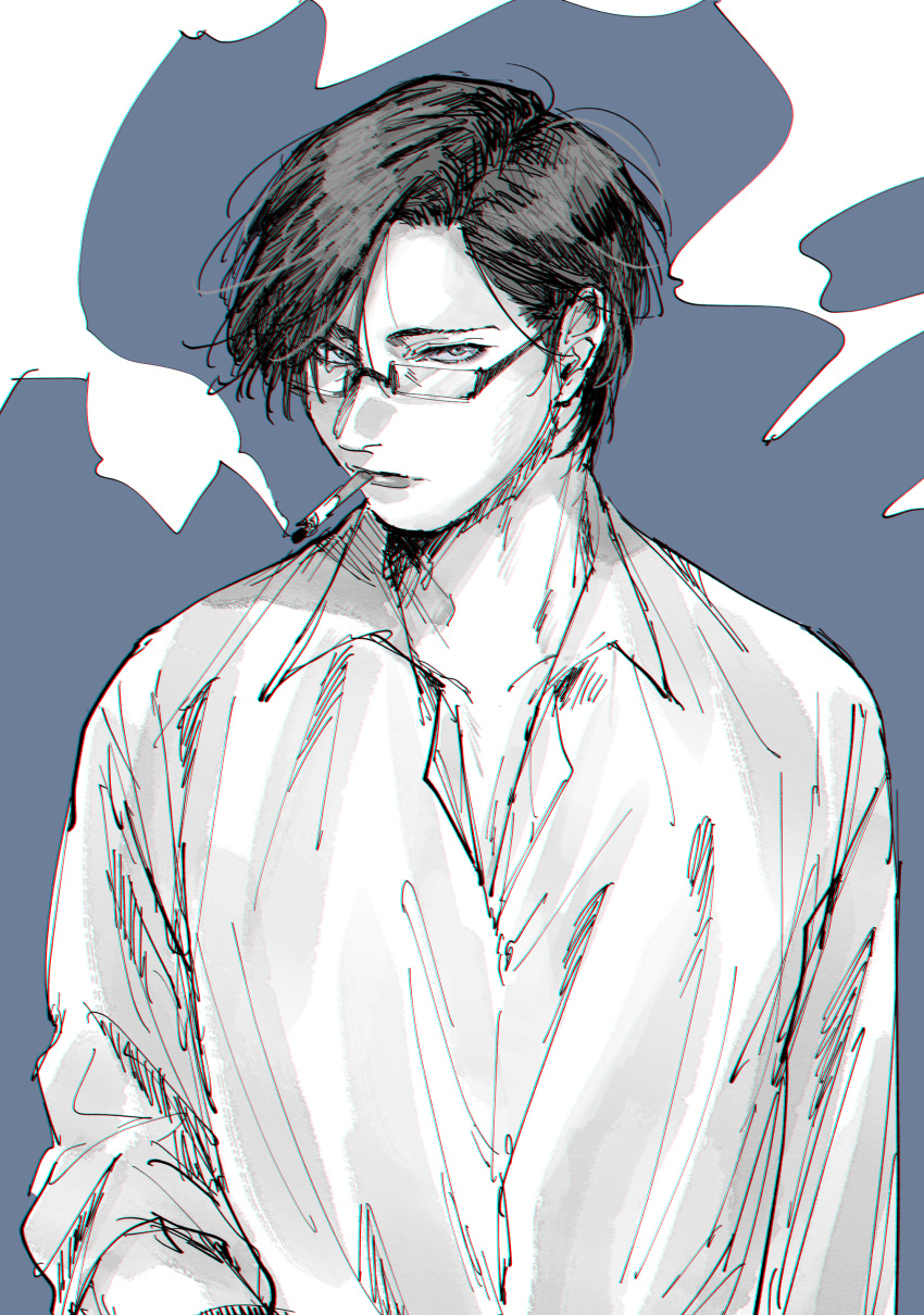 1boy, absurdres, amoanrou, asymmetrical_bangs, blue_background, cigarette, collared_shirt, curtained_hair