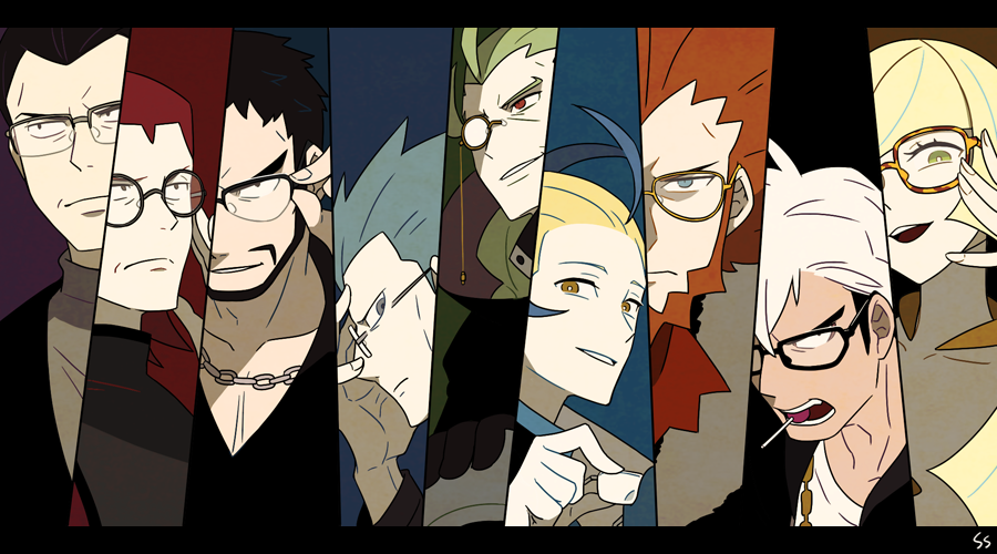 1girl, 6+boys, archie_(pokemon), beard, black_hair, blonde_hair, blue_hair, candy