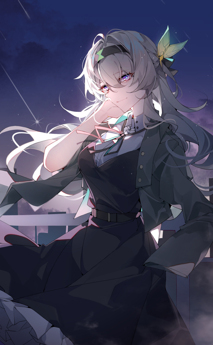 1girl, absurdres, belt, black_belt, black_dress, black_hairband, black_jacket, black_ribbon