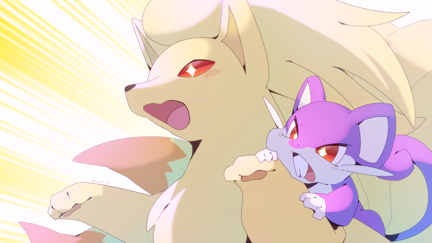 +_+, animal_focus, commentary, highres, kompeito_fox, mouse_(animal), ninetales, no_humans