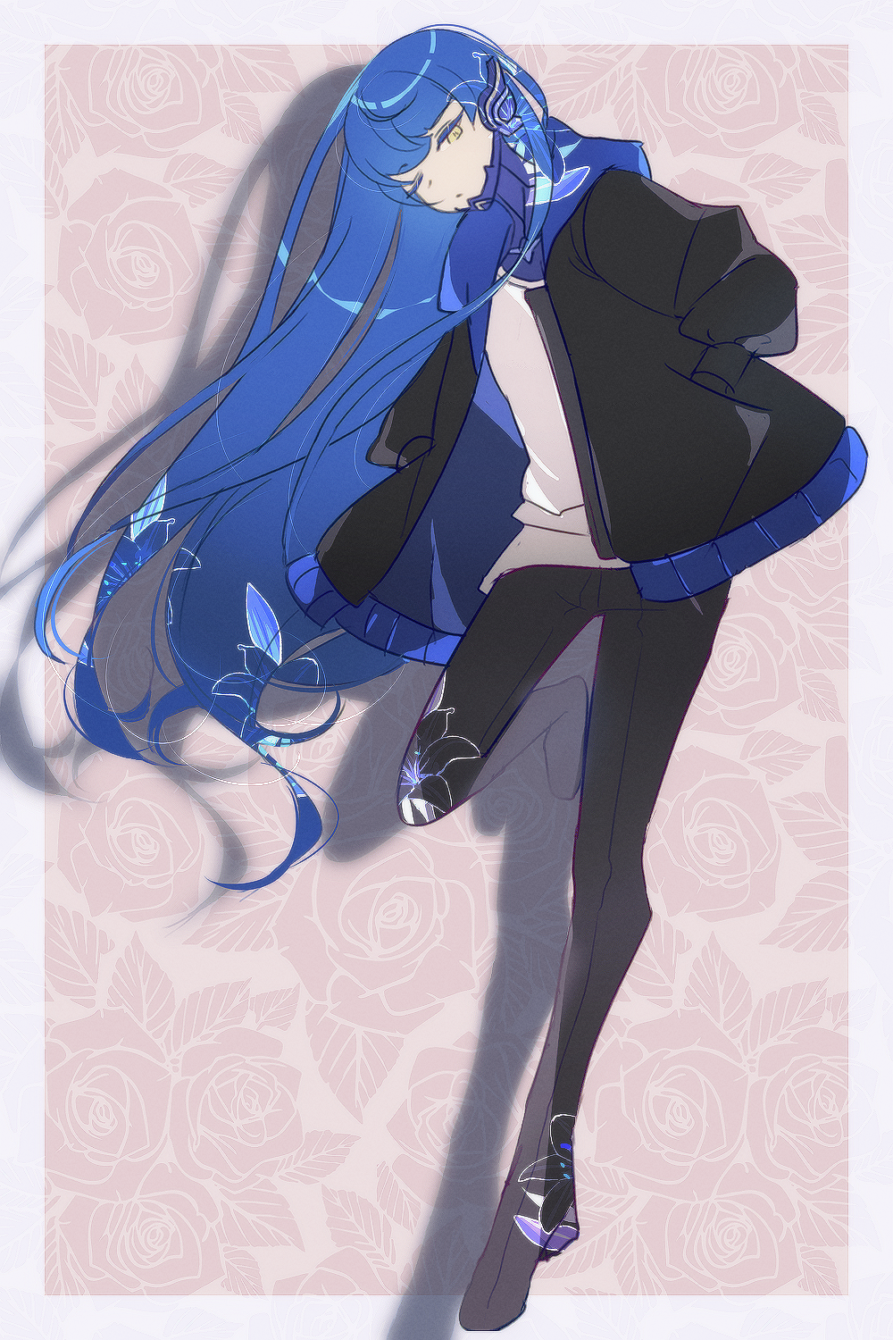 1boy, androgynous, black_pants, blue_bodysuit, blue_hair, bodysuit, border, colored_eyelashes
