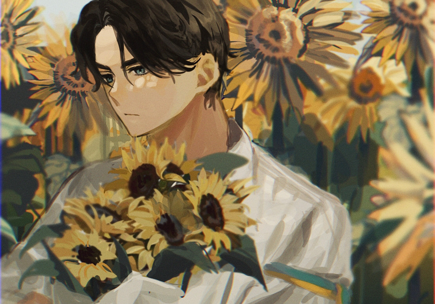 1boy, blue_eyes, bouquet, braid, closed_mouth, field, flower, flower_field