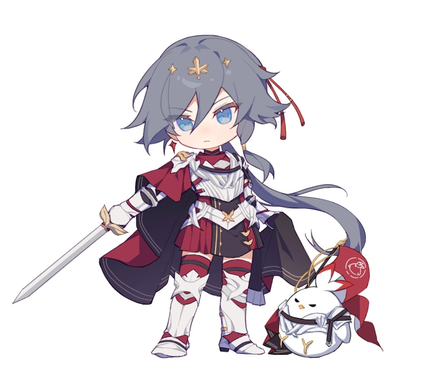 1girl, armor, black_cape, black_hair, blue_eyes, cape, closed_mouth, flag