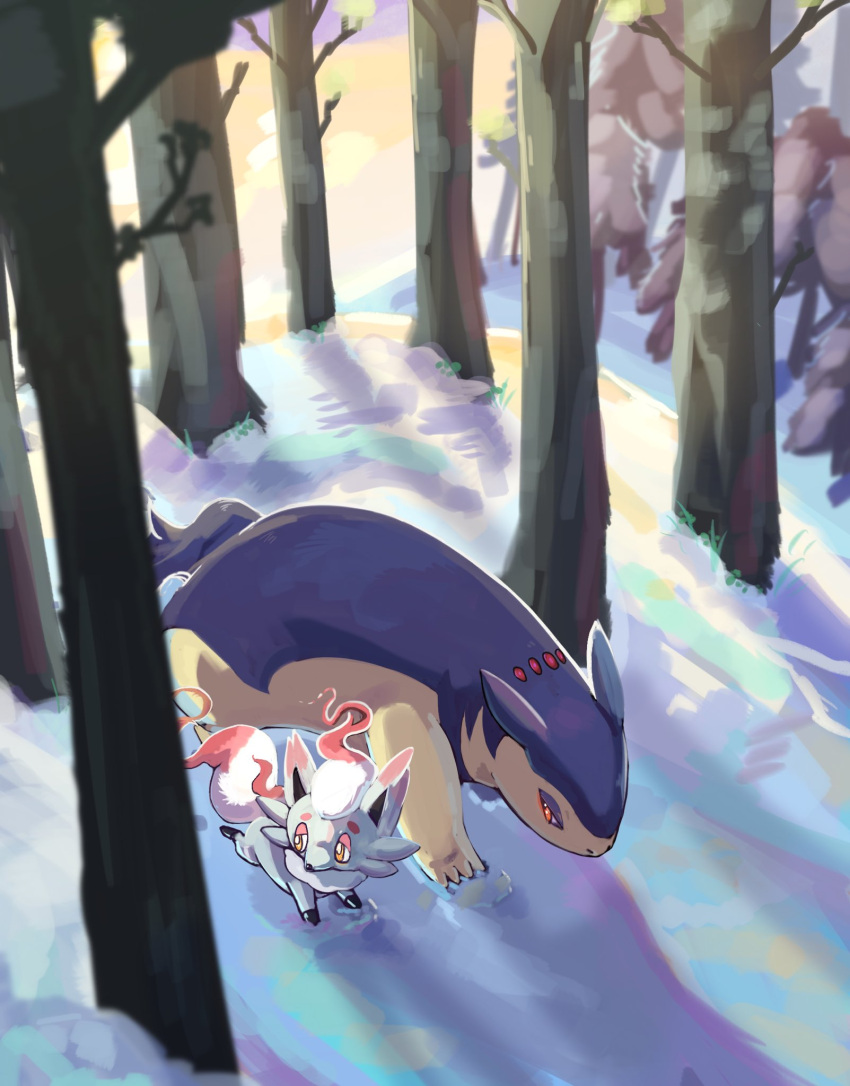 chufflepop, grey_fur, highres, hisuian_typhlosion, hisuian_zorua, multicolored_fur, outdoors, pokemon
