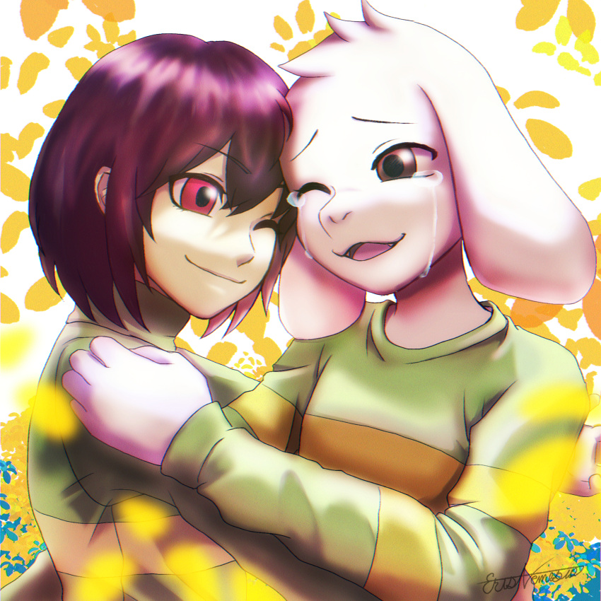 1boy, 1other, 2023, 2d, ambiguous_gender, anthro, artist_name, asriel_dreemurr, brown_eyes, brown_hair, chara_(undertale), crying, digital_media, duo, eris_nemesis, floppy_ears, furry, furry_male, goat, goat_boy, goat_ears, green_shirt, highres, hug, human, male, mammal, monster, monster_boy, one_eye_closed, open_mouth, red_eyes, short_hair, signature, striped_shirt, tears, textless, undertale, upper_body, variant_set, white_fur