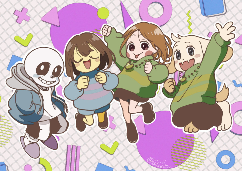 2023, 2boys, 2d, 2others, abstract_background, ambiguous_gender, anthro, artist_name, asriel_dreemurr, blue_jacket, blue_shirt, brown_hair, chara_(undertale), child, clenched_hands, commentary, cute, digital_media, floppy_ears, frisk_(undertale), fuafuakko, full_body, furry, furry_male, goat, goat_boy, goat_ears, goat_tail, green_shirt, hands_in_pockets, happy, heart_necklace, height_connection, highres, human, humanoid, jacket, japanese_commentary, jewelry, jumping, male, mammal, monster, monster_boy, necklace, open_mouth, sans_(undertale), short_hair, simple_background, skeleton, striped_shirt, tail, tail_tuft, tongue, tongue_out, twitter_username, undead, undertale, utdr_(toby_fox), white_fur, white_horns