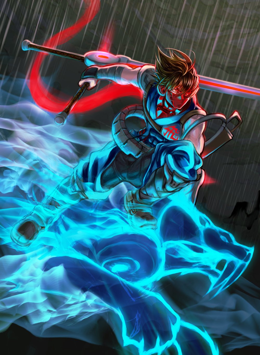 1boy, brown_hair, clouds, cloudy_sky, highres, holding, holding_weapon, leo_tail