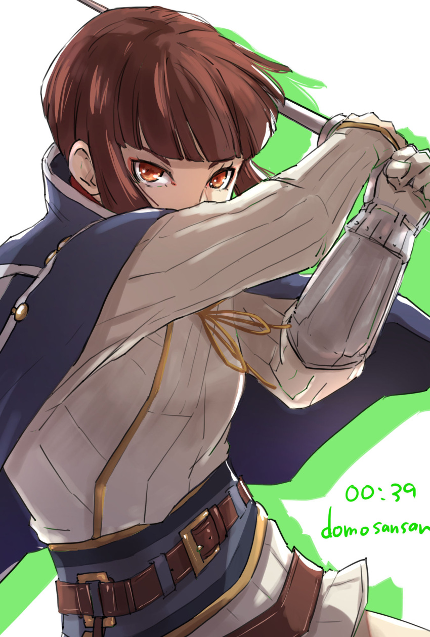 1girl, artist_name, belt, blue_jacket, blue_sash, blunt_bangs, brown_belt, brown_hair