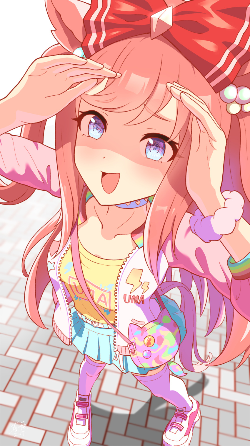 1girl, absurdres, agnes_digital_(umamusume), animal_ears, blue_eyes, blue_skirt, bow, collarbone