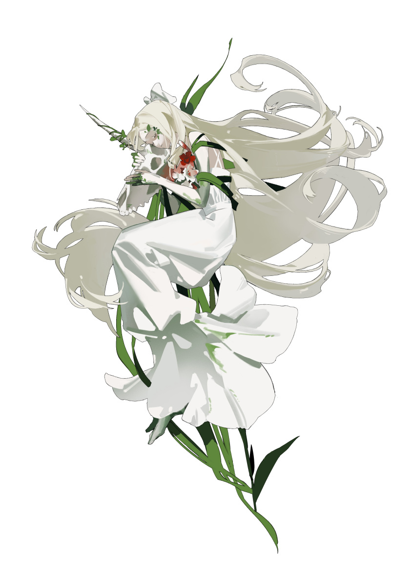 1girl, absurdres, animal_skeleton, blonde_hair, blood_on_flower, bow, closed_eyes, commentary