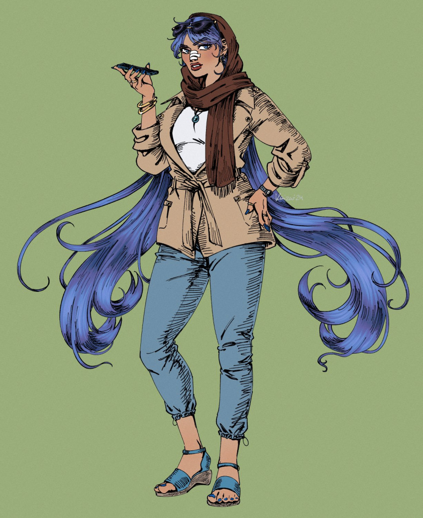 1girl, bandaid, bandaid_on_face, bandaid_on_nose, blue_hair, blue_nails, blue_pants, bracelet