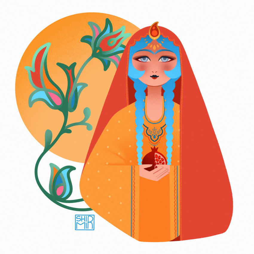 1girl, blue_eyes, blue_hair, blush, braid, fine_art_parody, flat_color, flower