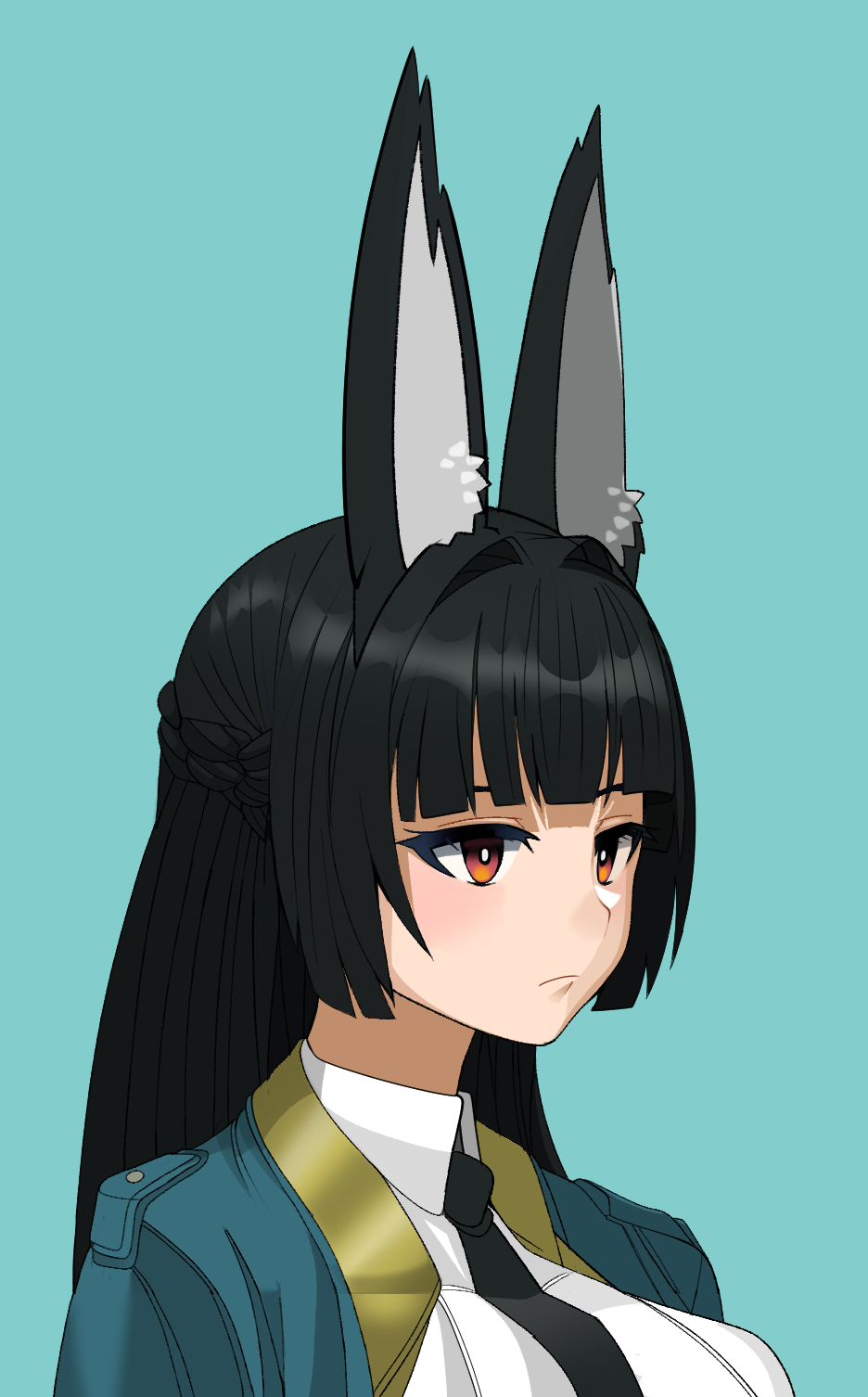 1girl, animal_ear_fluff, animal_ears, black_hair, black_necktie, blunt_bangs, closed_mouth, expressionless, fox_ears, fox_girl, green_background, green_jacket, highres, hoshimi_miyabi, jacket, long_hair, looking_ahead, minami_no_uo-za, necktie, red_eyes, shirt, sidelocks, solo, upper_body, white_shirt, zenless_zone_zero