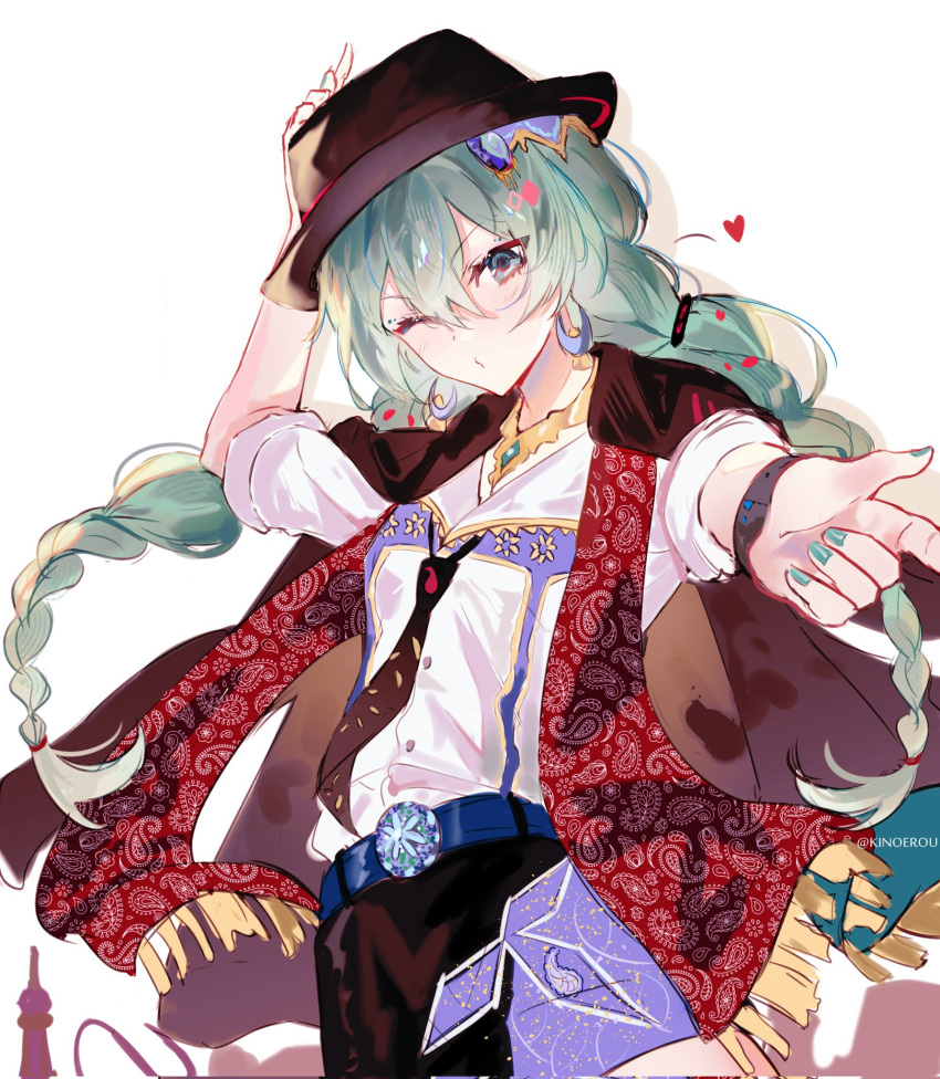 1girl, aqua_eyes, aqua_hair, aqua_nails, belt, black_hat, blue_belt, braid