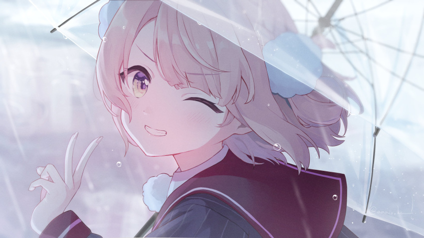 1girl, ;d, absurdres, blonde_hair, cino_(amairoka), collared_shirt, commentary_request, dot_nose