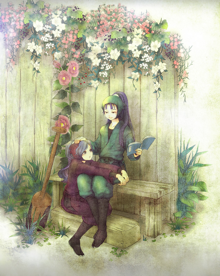book, character_request, flower, girls, rakudai_ninja_rantarou, sasajiro, sitting