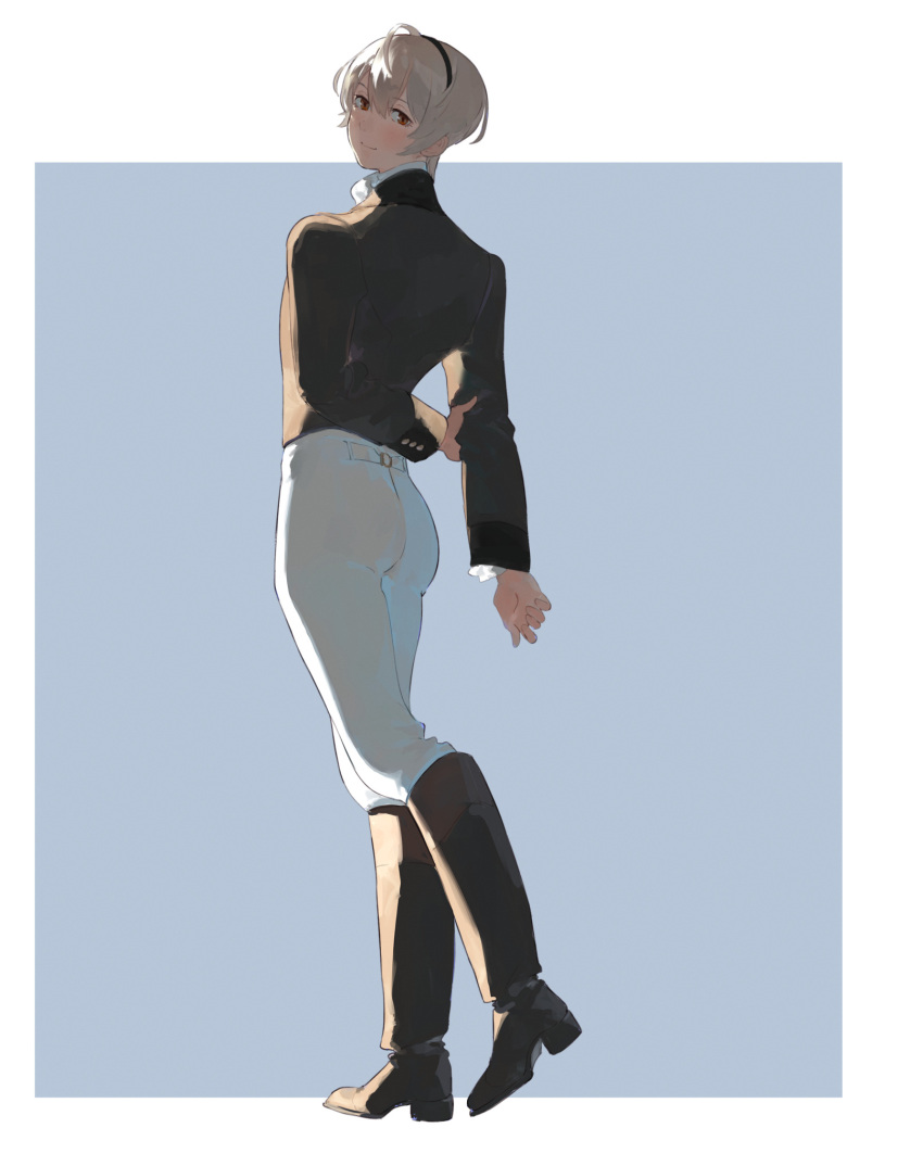 1boy, ai-wa, blonde_hair, blue_background, blush, boots, border, double-parted_bangs