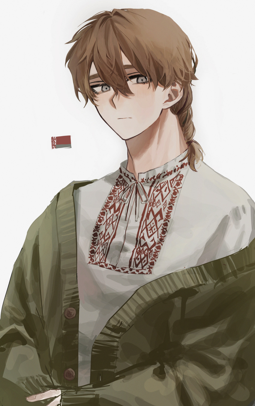1boy, absurdres, belarus_(saboten92), belarusian_clothes, belarusian_flag, braid, brown_hair, cardigan