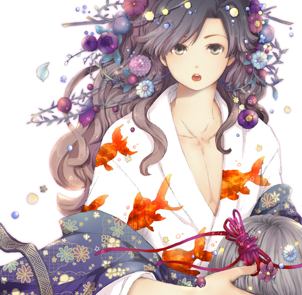 androgynous, ayabe_kihachirou, brown_eyes, brown_hair, character_request, fish, flower, hair_flower