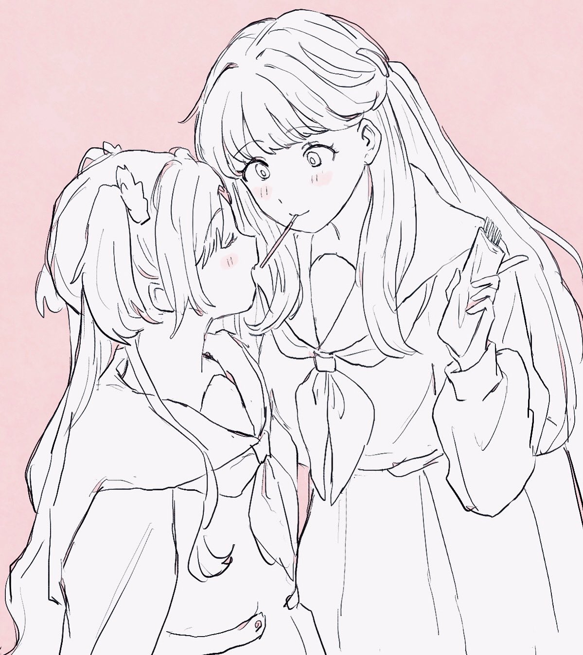 2girls, blush, blush_stickers, breasts, closed_eyes, commentary, cowboy_shot, dress