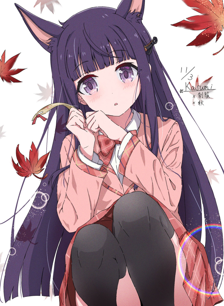 1girl, animal_ear_fluff, animal_ears, autumn_leaves, blazer, blunt_bangs, bow, dog_ears