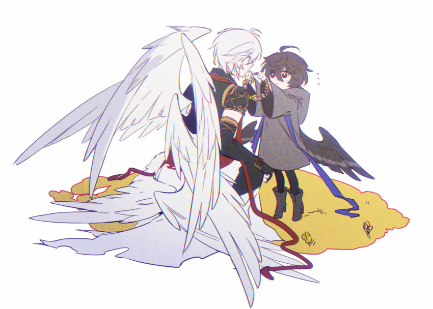 2boys, aged_down, ahoge, armor, brown_hair, brown_wings, feathered_wings, fingerless_gloves