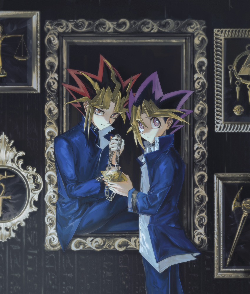 2boys, absurdres, big_hair, black_hair, blonde_hair, commentary_request, highres, jacket