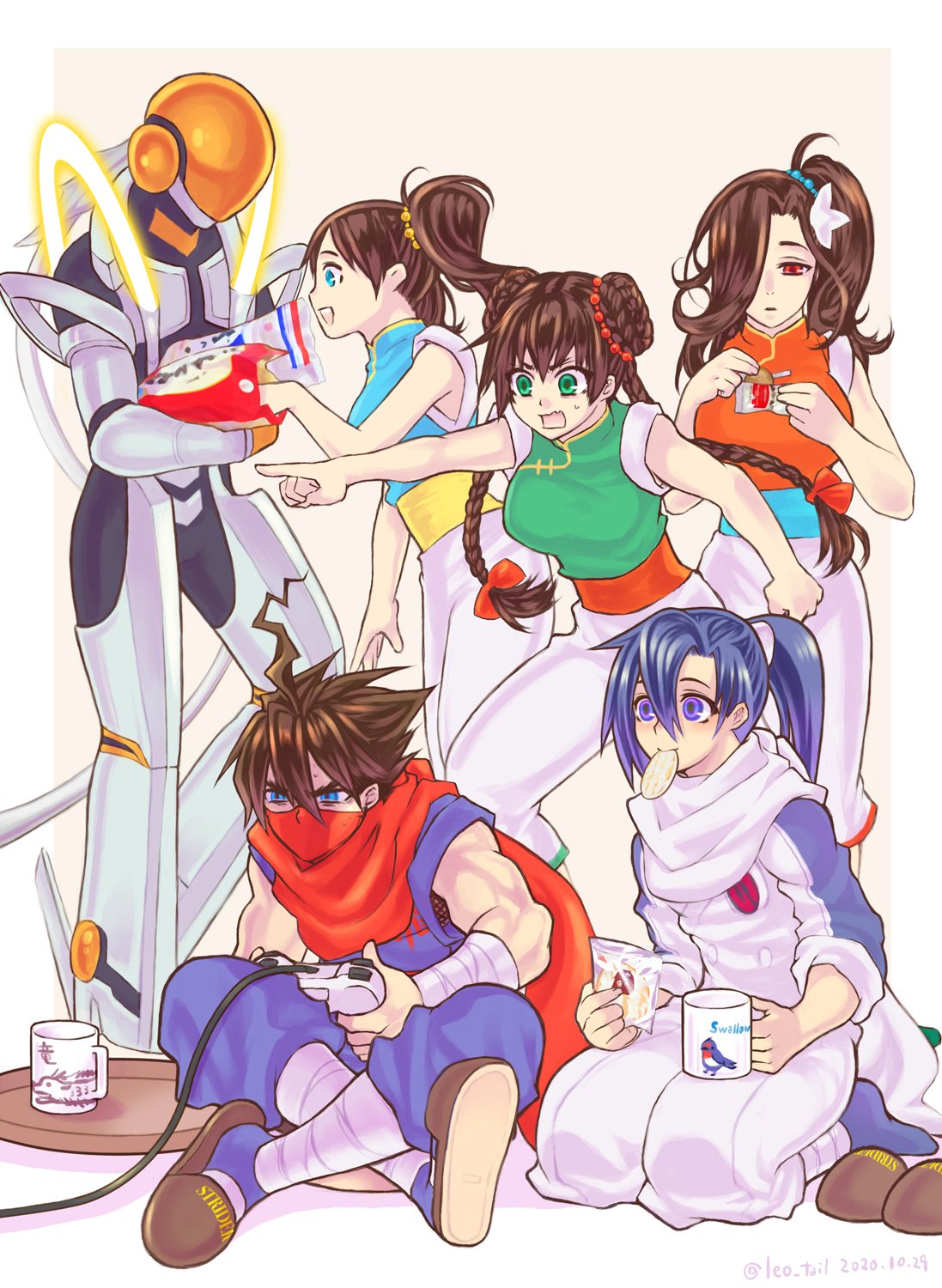 3boys, 3girls, :d, ahoge, blue_eyes, blue_hair, braid, brown_hair