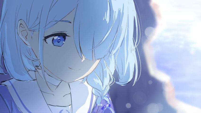 1girl, arona_(blue_archive), blue_archive, blue_eyes, blue_hair, blue_shirt, blurry, blurry_background
