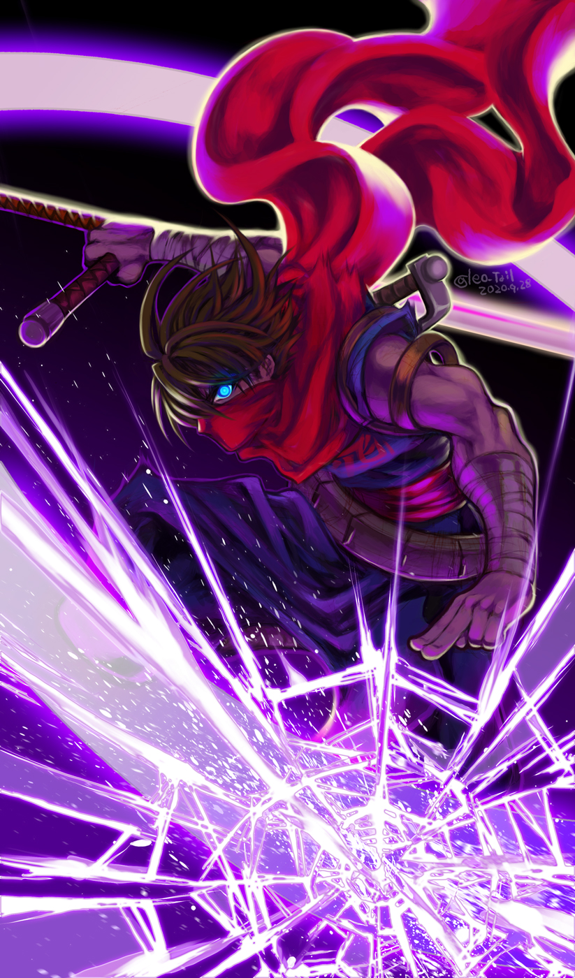 1boy, bladed_tonfa, blue_eyes, brown_hair, crack, dated, glowing, glowing_eye