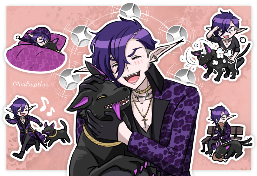 1boy, :d, ^_^, black_fur, blush, border, chibi, chibi_inset, closed_eyes, dog, eating, fangs, glodell_(metaphor:_refantazio), hat, hector_(metaphor:_refantazio), highres, male_focus, metaphor:_refantazio, multiple_views, nafuda, nightcap, outline, outside_border, petting, pink_background, purple_hair, running, short_hair, sleeping, smile, tongue, tongue_out, twitter_username, under_covers, violet_eyes, white_border, white_outline