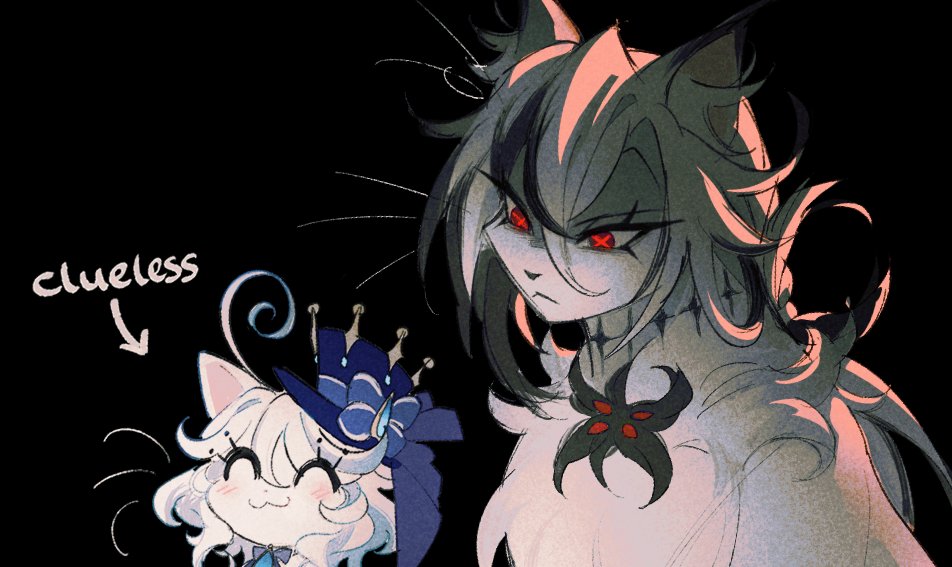 2girls, :<, :3, animal, animalization, arlecchino_(genshin_impact), black_background, cat
